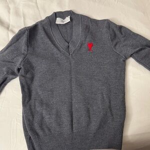 Ami Alexandre Mattiussi Gray V-Neck Sweater with Red Emblem